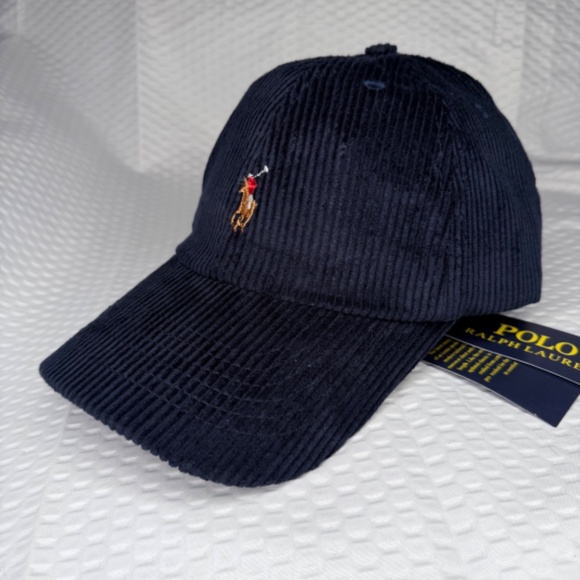 AUTHENTIC POLO RALPH LAUREN CORDUROY CAP NAVY BLUE UNISEX ONE SIZE M/L VINTAGE - Picture 2 of 5